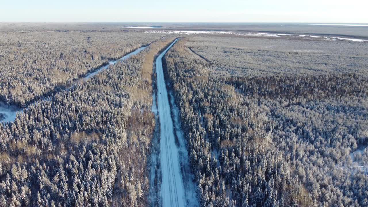 在冬天的一天，无人机从积雪覆盖的树木和森林中间的道路鸟瞰图。针叶林或西伯利亚冬季茂密的森林，4K全景视频下载