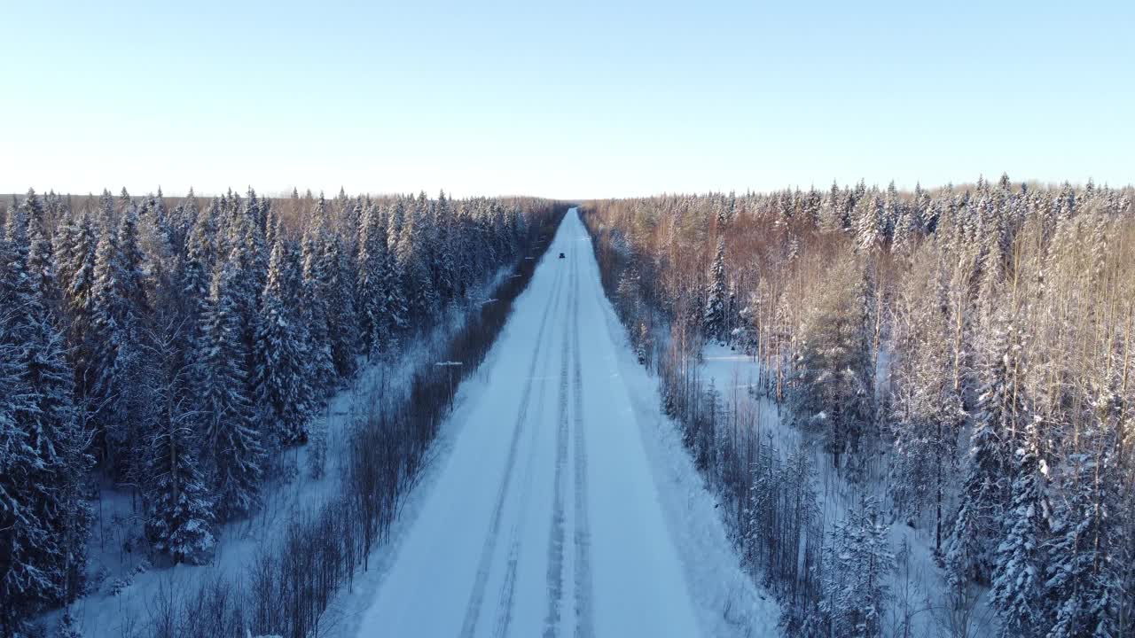 在冬天的一天，无人机从积雪覆盖的树木和森林中间的道路鸟瞰图。针叶林或西伯利亚冬季茂密的森林，4K全景视频素材