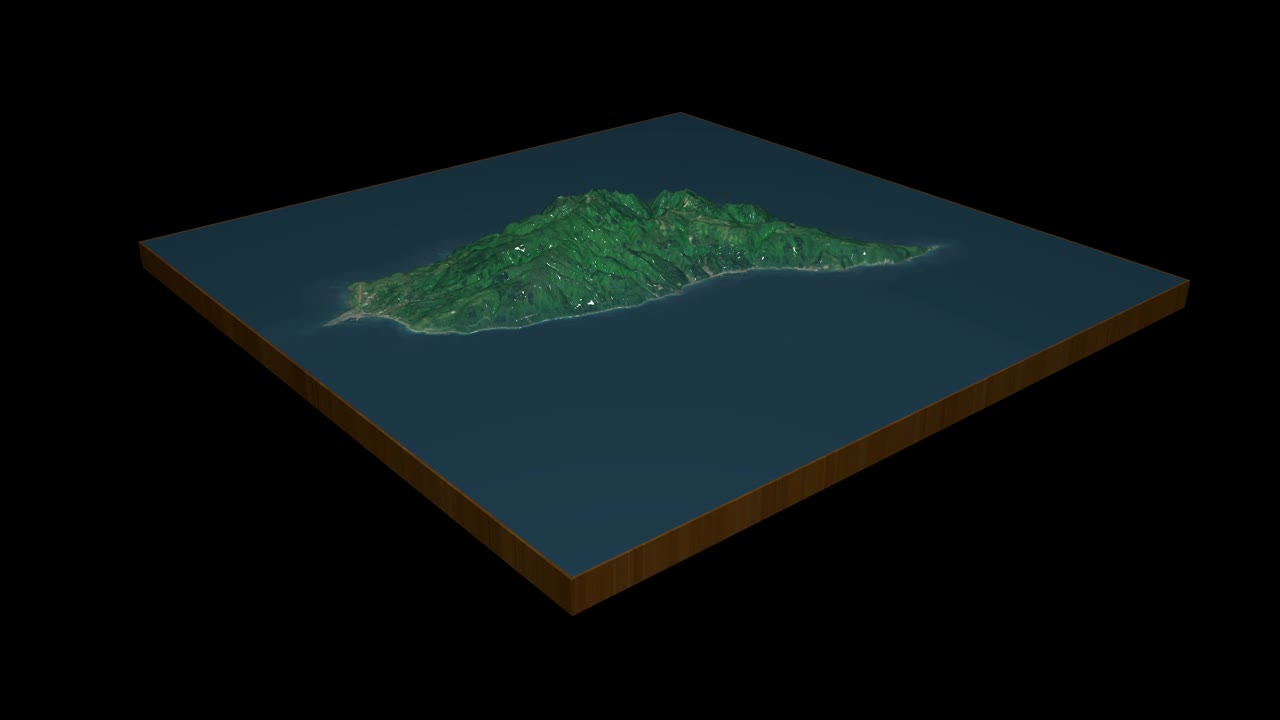 Okushiri岛地形地图3D渲染360度循环动画视频素材