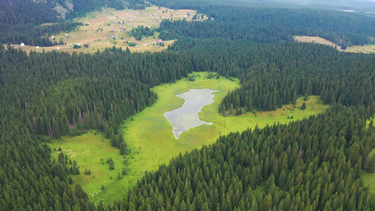 黑山的杜米托，有松树的森林湖。空中俯视图。视频素材