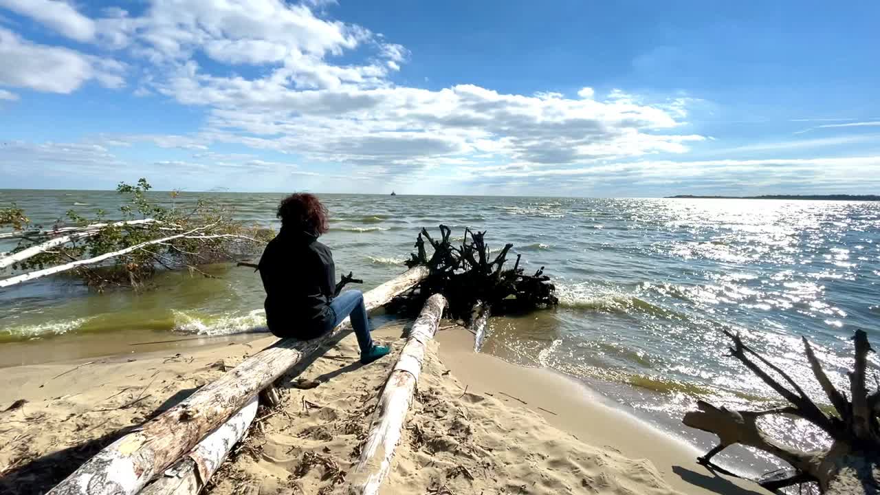 女人坐在水边的一根圆木上视频下载