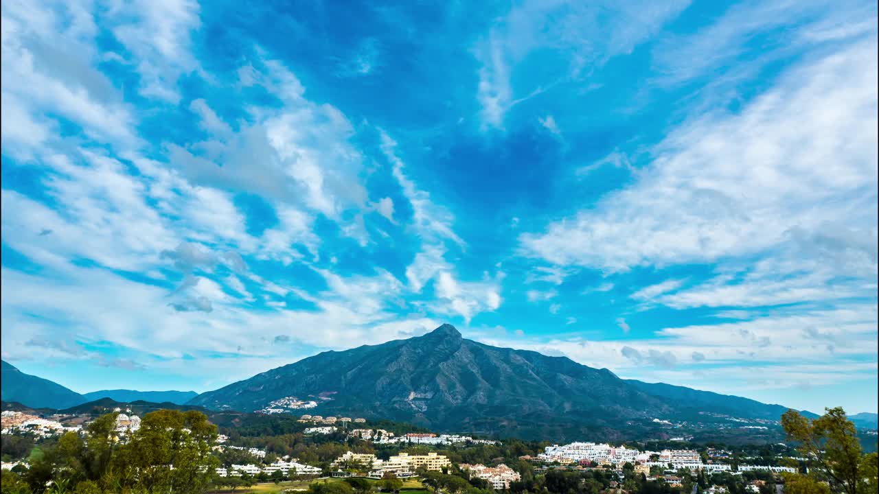 马尔贝拉的时间流逝，La Concha的4k电影视频，太阳海岸上的山视频下载