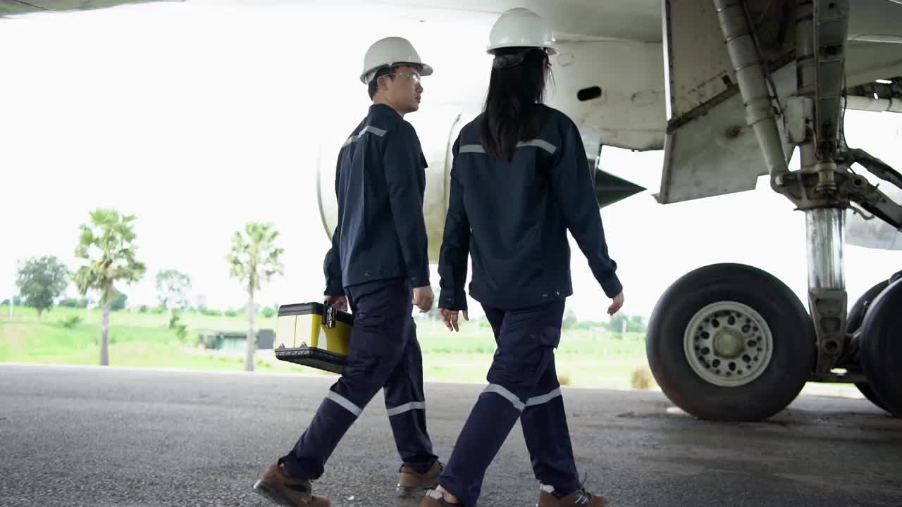 机修工在机库从事飞机喷气发动机的工作。视频素材