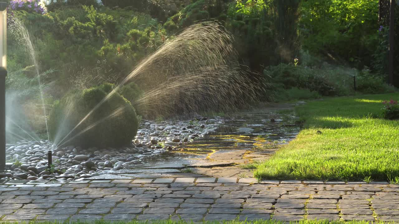 洒水喷头喷洒水。灌溉的概念。花园浇水。视频素材