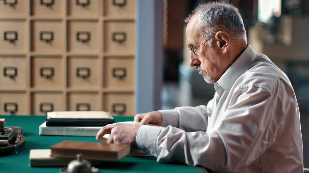 专注于70年代的爷爷在公共图书馆或家里坐在桌子旁兴致勃勃地读着有趣的书视频素材