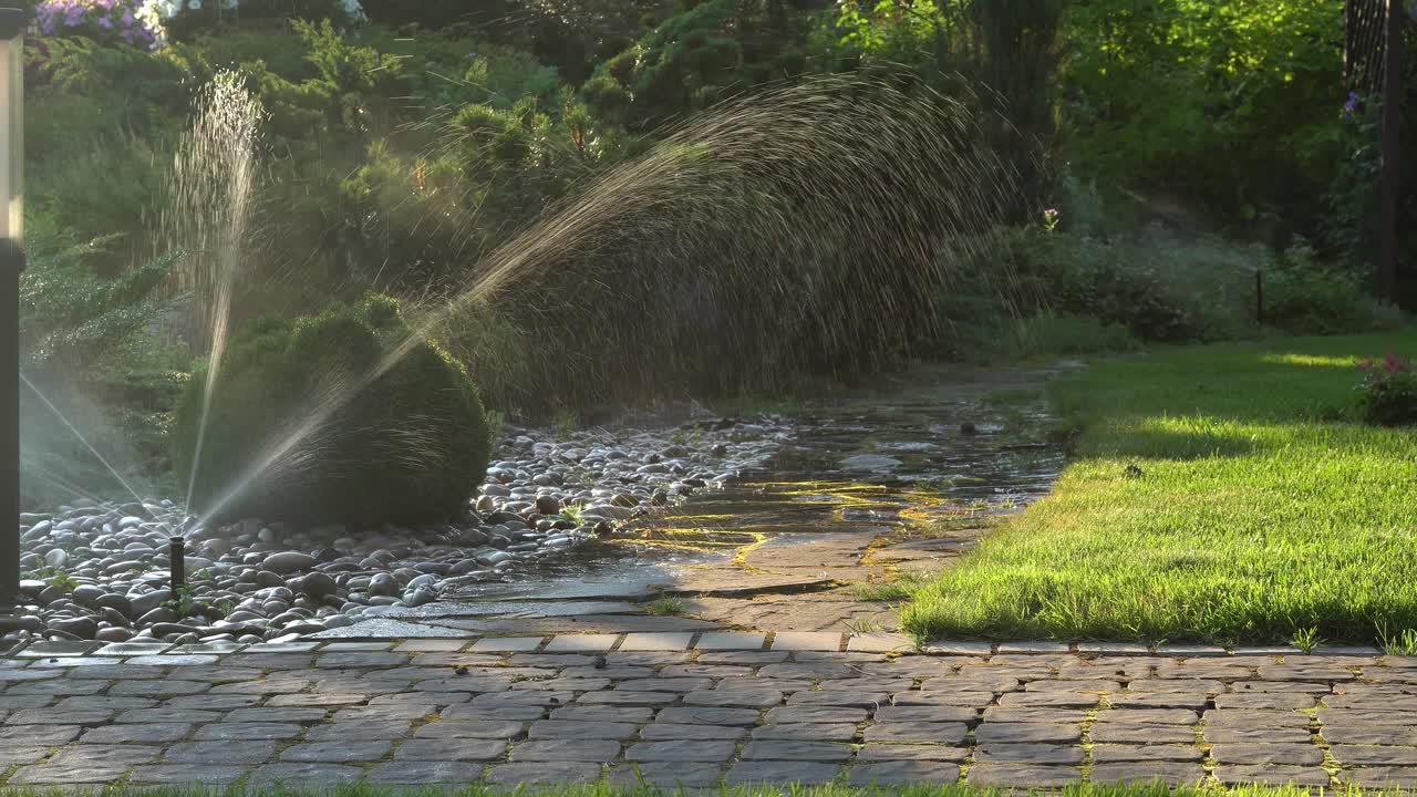 洒水喷头将水洒在草地上。浇水的开始和结束。视频素材