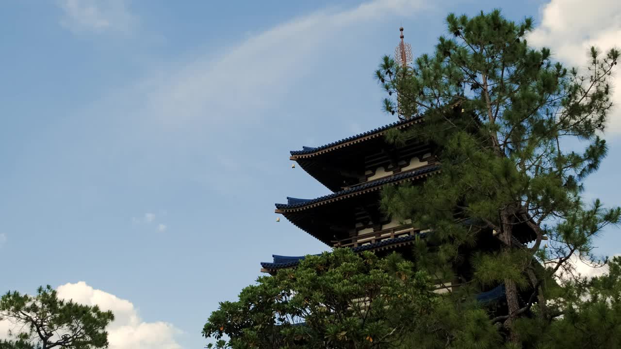 以蓝天为背景的传统日式建筑元素。宽阔的视野视频素材