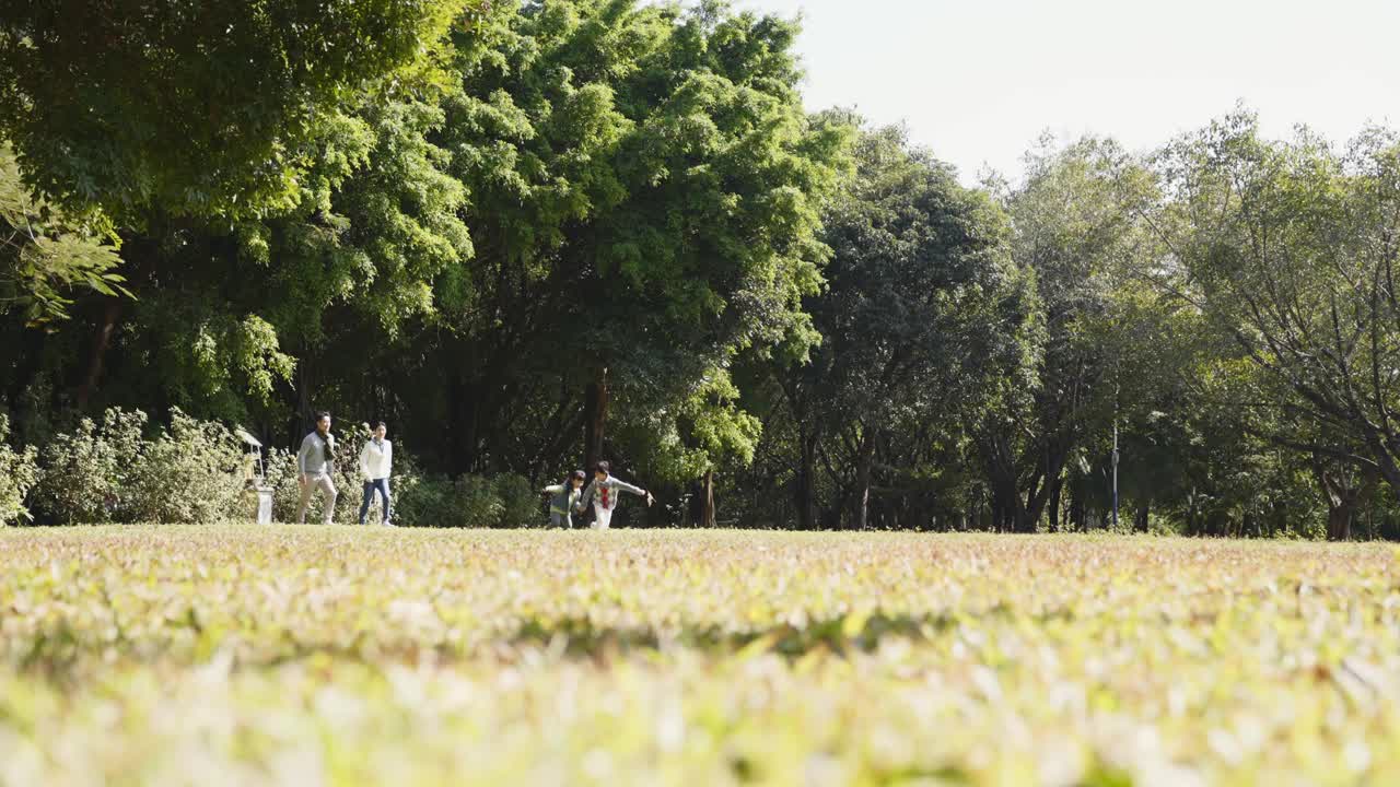 年轻的亚洲家庭在城市公园放松和娱乐视频素材