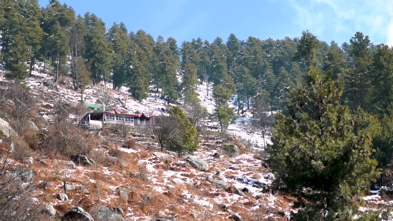 在印度的马纳里，在冬天被雪覆盖的山上的房子的视图。松林背景上的小屋。乡下的木屋。在村舍里过圣诞节和新年。视频素材