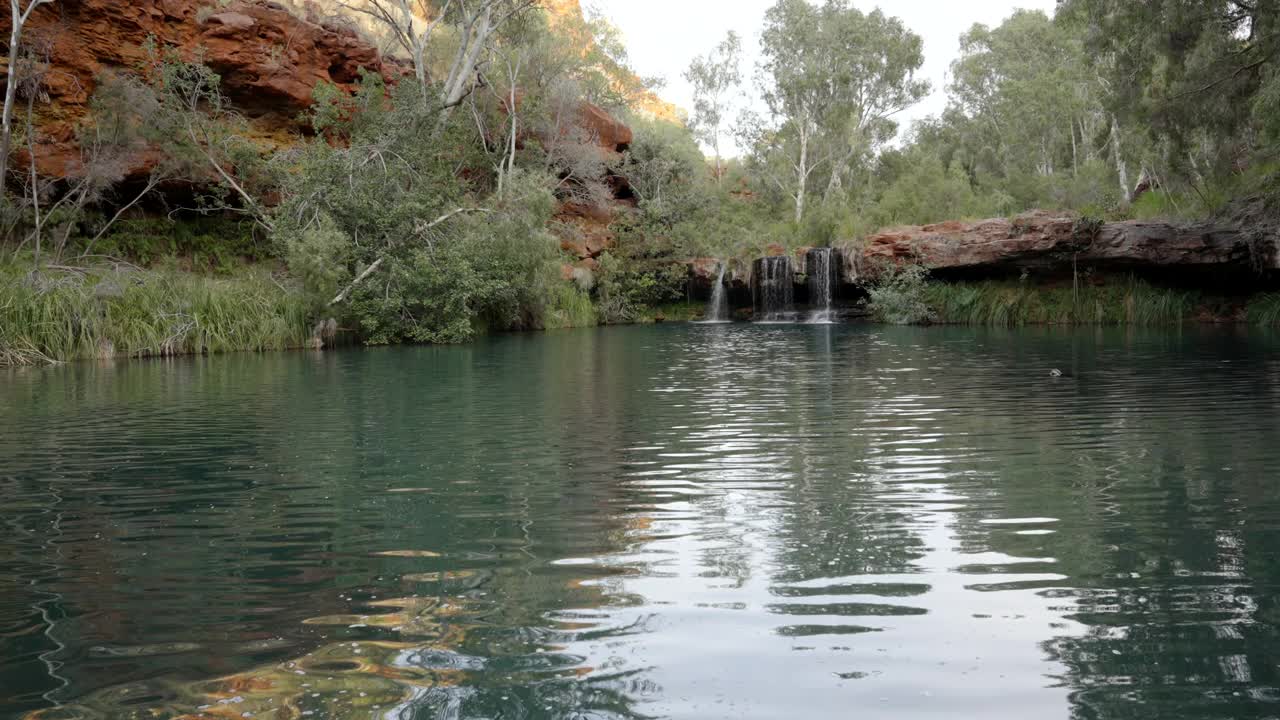 在karijini np的蕨类植物池瀑布的广阔视野视频素材