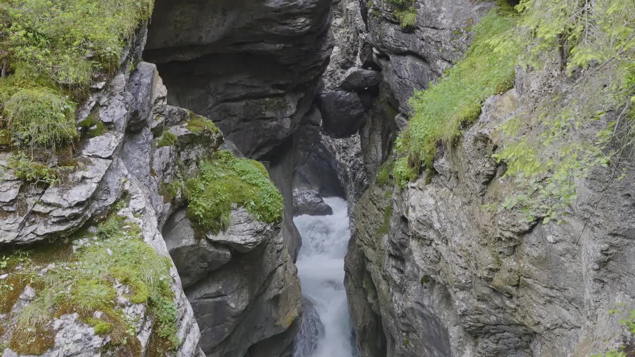 水流在罗森劳伊冰川峡谷的石头周围。伯纳·奥伯兰，伯尔尼州视频素材