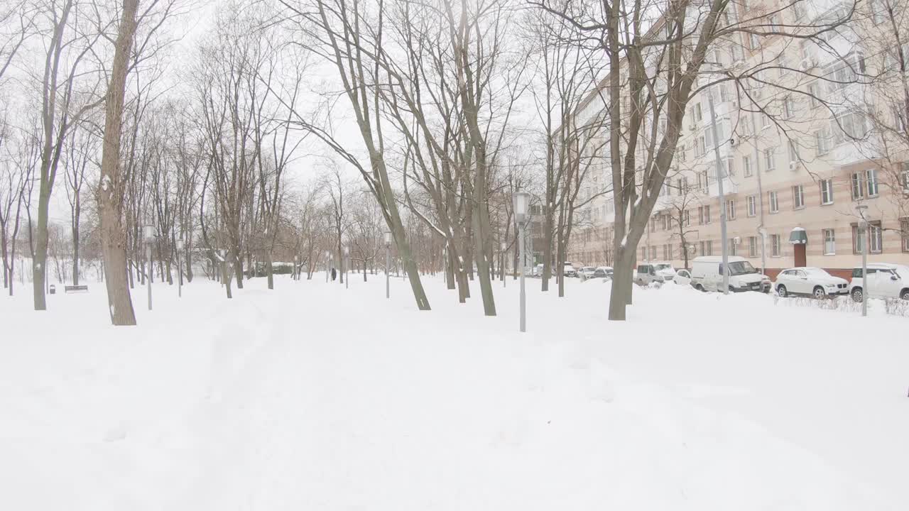 一场大雪过后，莫斯科乌日诺耶·布托沃(Yuzhnoye Butovo)居民区的一个公园里清理道路视频素材