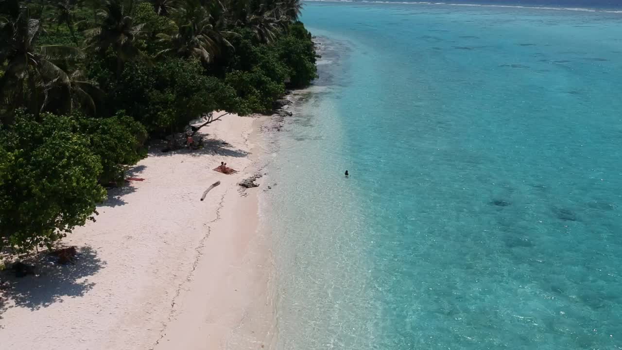 热带海滩的风景。美丽的海浪，绿色的棕榈树，蓝色的水和天空的马尔代夫视频下载