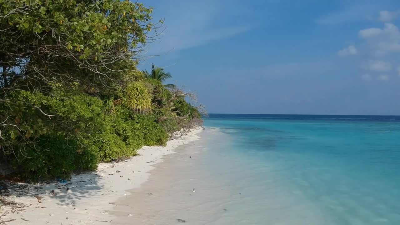 热带海滩的风景。美丽的海浪，绿色的棕榈树，蓝色的水和天空的马尔代夫视频下载