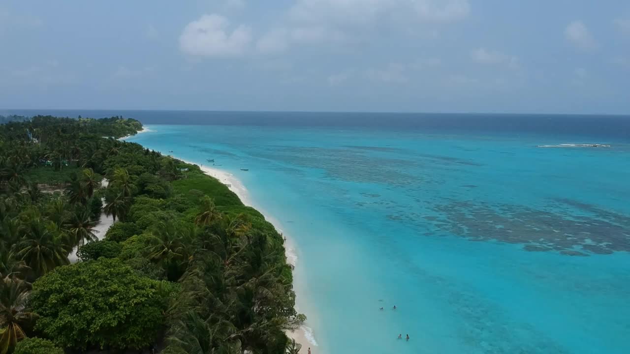 热带海滩的风景。美丽的海浪，绿色的棕榈树，蓝色的水和天空的马尔代夫视频下载