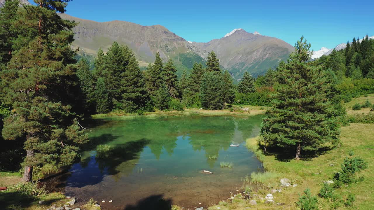 在一个阳光明媚的夏日，俯瞰松林中的高山湖泊。视频素材