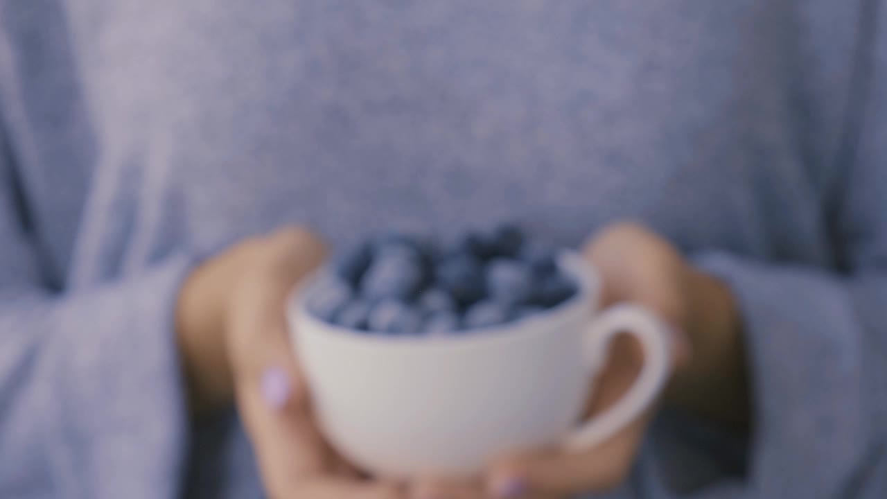 女人拿着一碗冰冻的蓝莓水果。收获的概念。收集浆果的女人的手。健康饮食的概念。为冬季储备浆果视频素材