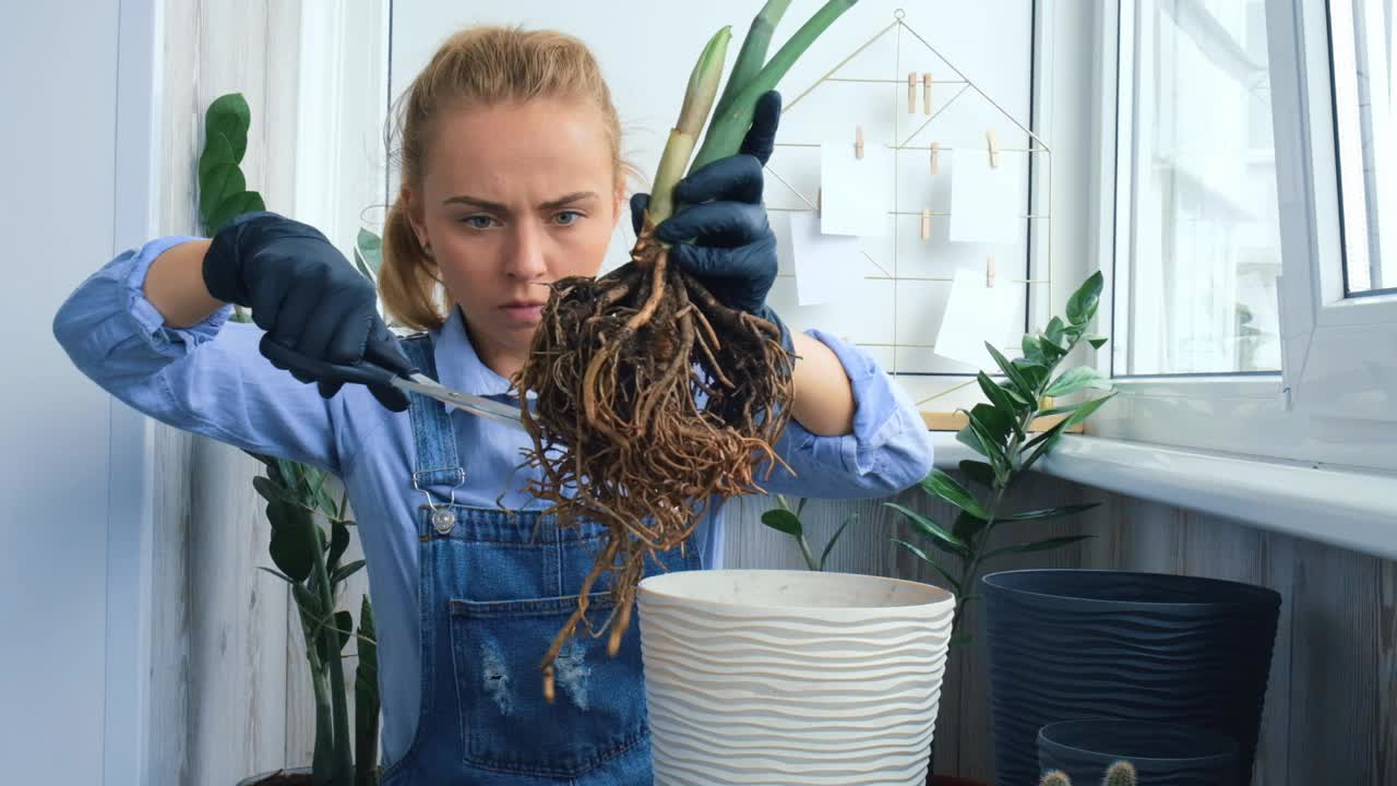 女园丁在室内移植植物，并在桌子上使用铲子。植物护理和家庭花园的概念。春天播种。重新种植浇水的家庭植物视频素材