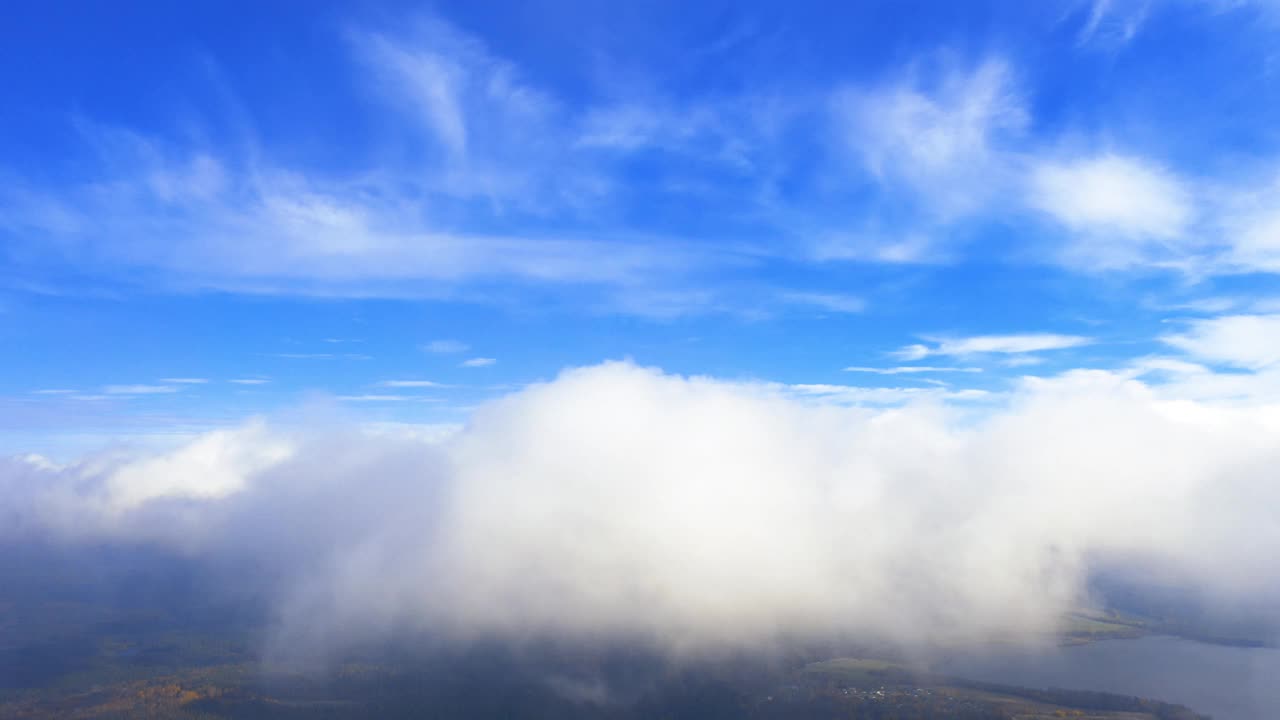 时间流逝，美丽的天空与云彩在日出。时间流逝的日落云与蓝天。在移动的云景中飞行。纹理的云。全景。云在运动。飞机的观点视频素材