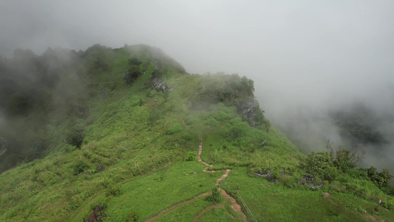 在雾天由无人机的绿色雨林山的鸟瞰图视频素材