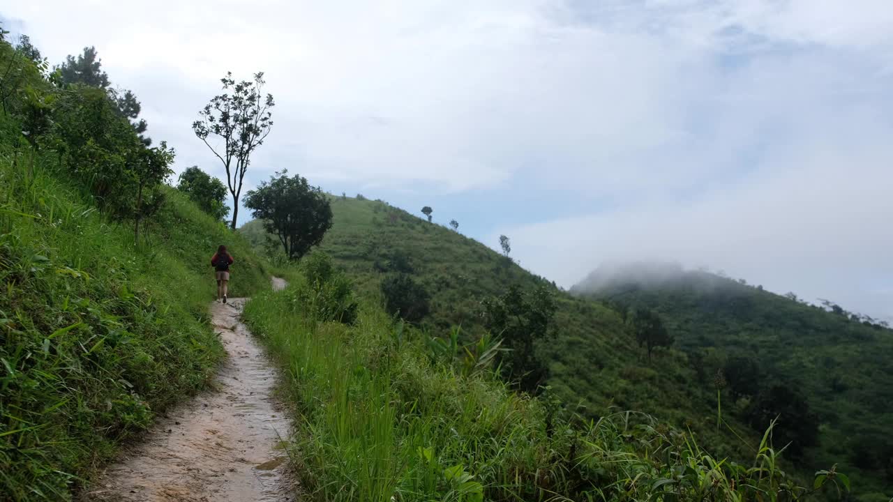 一位女旅行者在美丽的山上徒步旅行视频素材