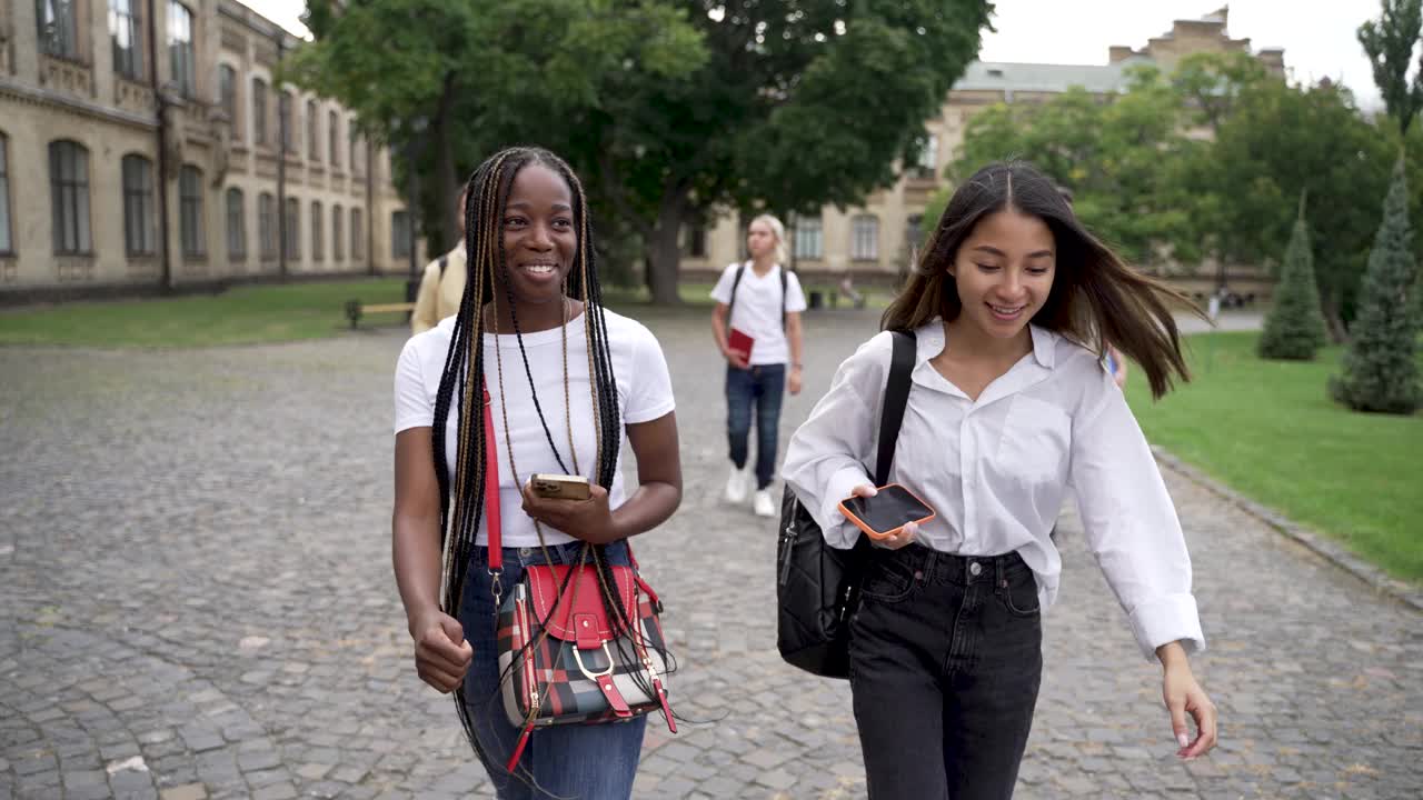 多民族女学生在户外聊天视频素材