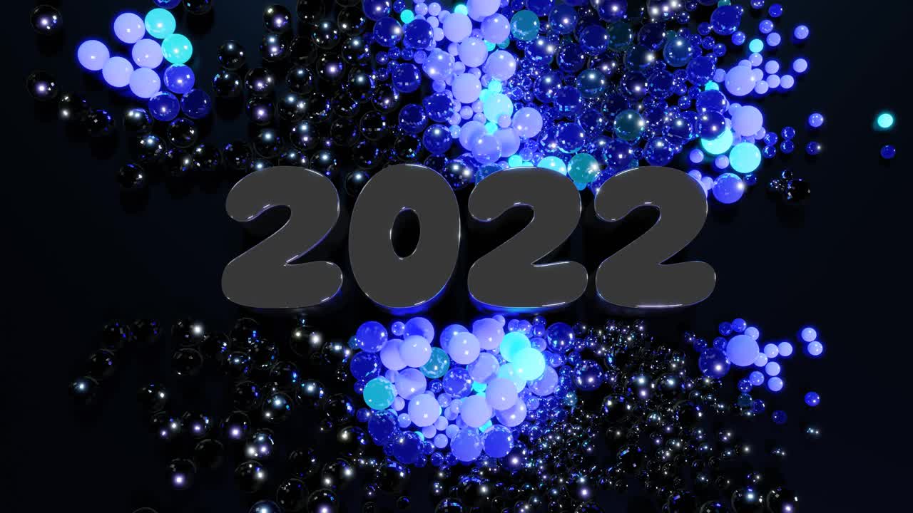 循环新年bg。数字2022和圣诞花环的球或球体分散在飞机上，点燃蓝色紫色，形成一个美丽的图案。4k圣诞构图与霓虹灯视频素材