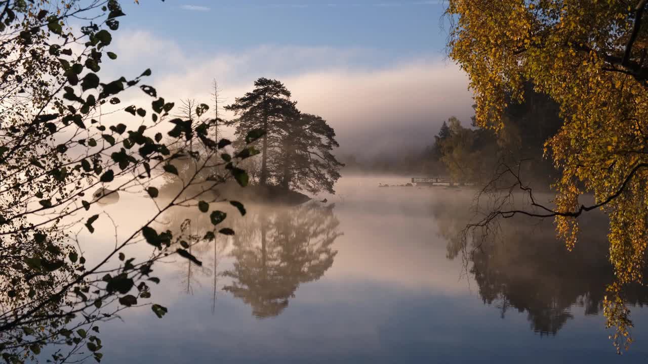 秋日拂晓，湖面上有雾，有岛屿，还有一根桦树枝视频素材