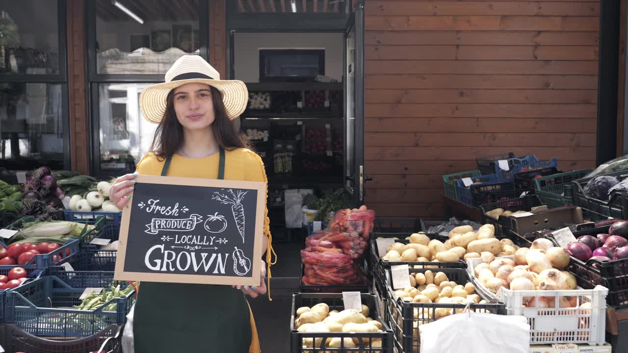 女蔬菜水果商站在商店，举着一个标志，周围是有机水果和蔬菜视频素材