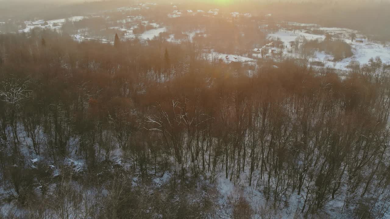 鸟瞰图冬季全景与积雪森林在大雪视频素材