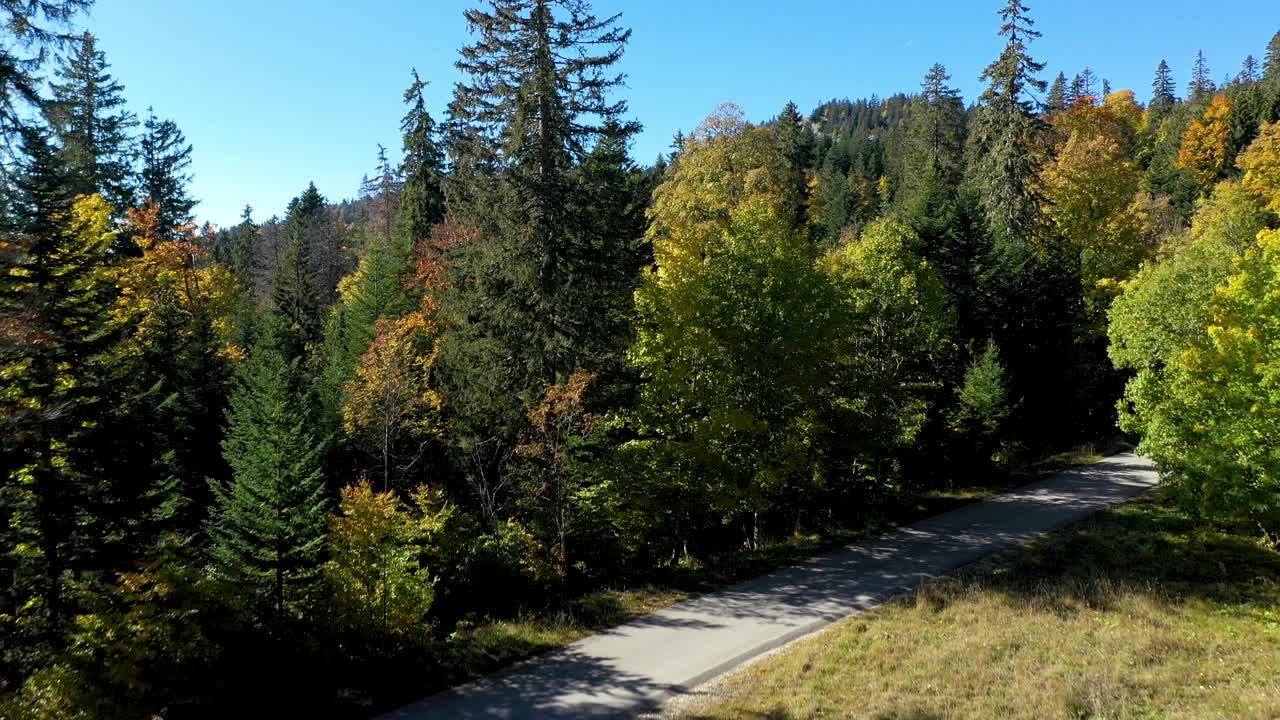 美丽的无人机飞越高山森林和雄伟的山景。视频素材