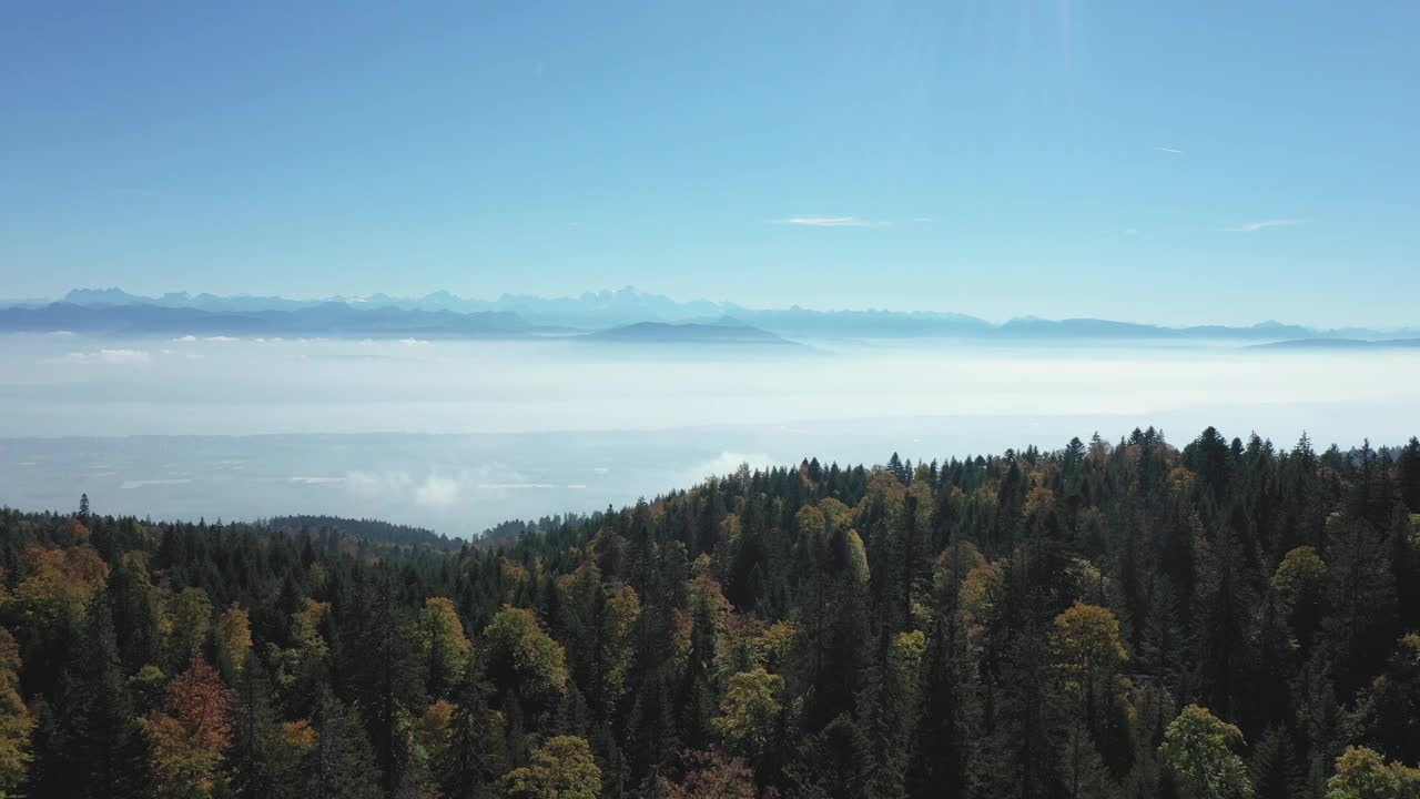 美丽的无人机飞越高山森林和雄伟的山景。视频素材