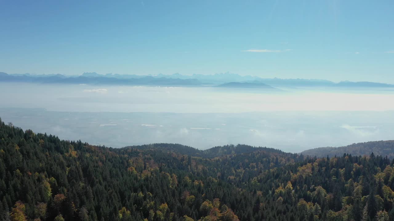 美丽的无人机飞越高山森林和雄伟的山景。视频素材