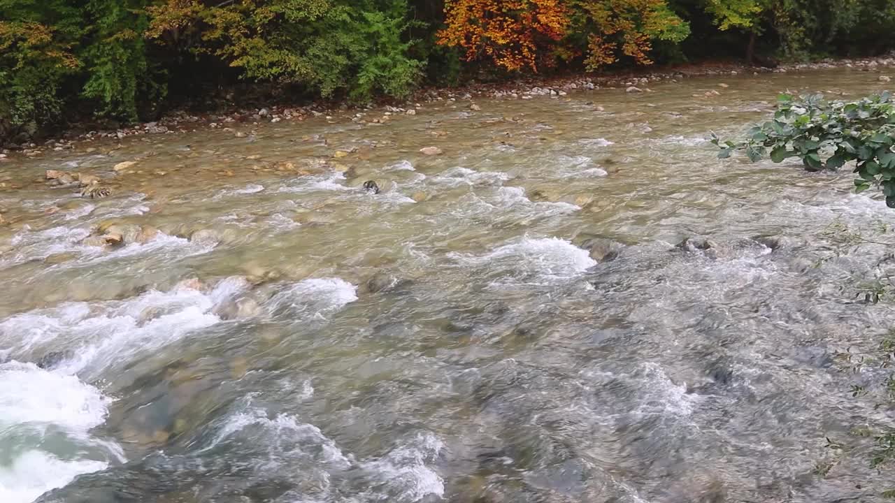 新鲜寒冷的山河流入峡谷。视频素材