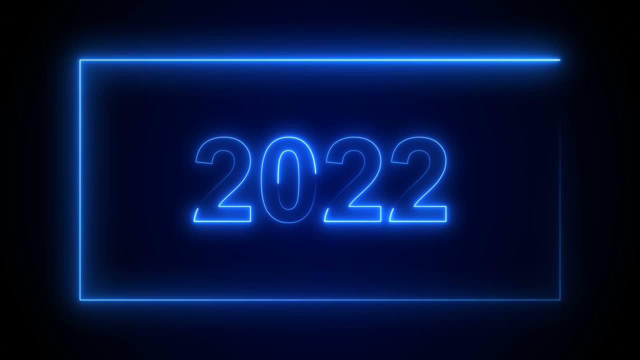 2022年新年概念与移动的霓虹灯蓝色照明框架。循环的背景视频购买