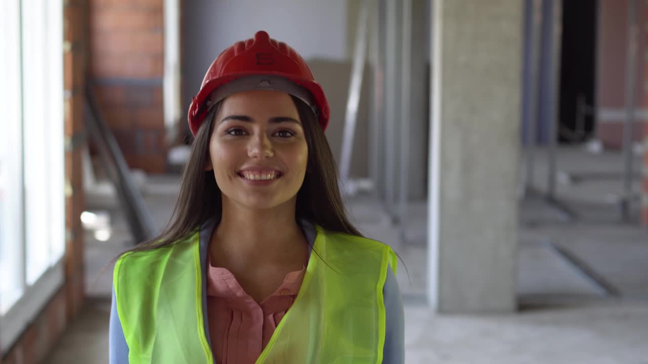 女工程师或建筑师走在建筑工地的肖像。手持视频。视频素材