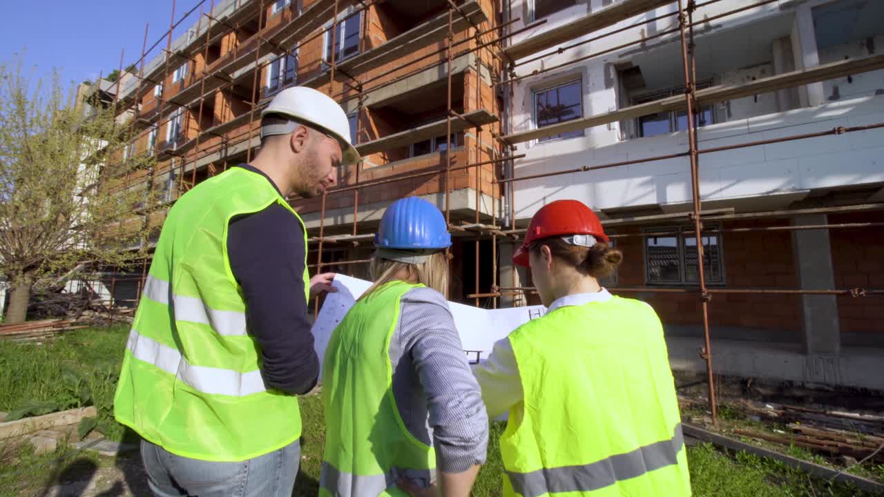 工程师、建筑师和工人在建筑工地拿着图纸讨论。后视图。视频素材