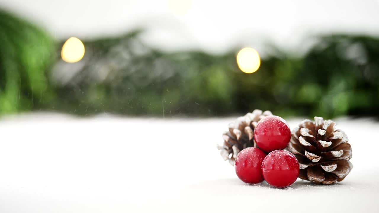 靠近松果和冬青上的雪视频素材