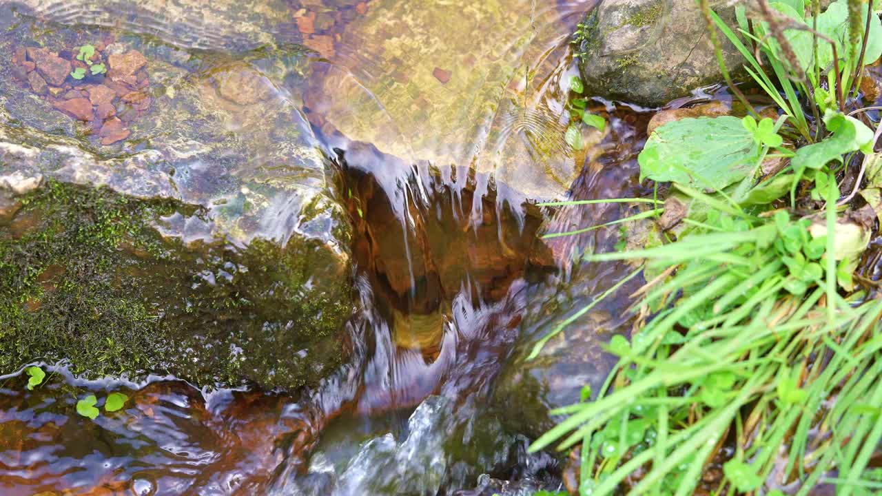 小溪在夏天的绿色森林的石头之间流淌。小瀑布清澈的水。长满苔藓的石头和圆木。慢动作视频视频素材