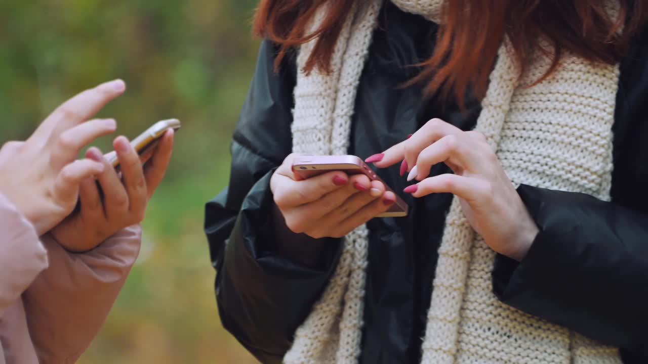 在一个泛黄的秋天公园里，两个年轻女孩正在用手机特写信息。视频素材