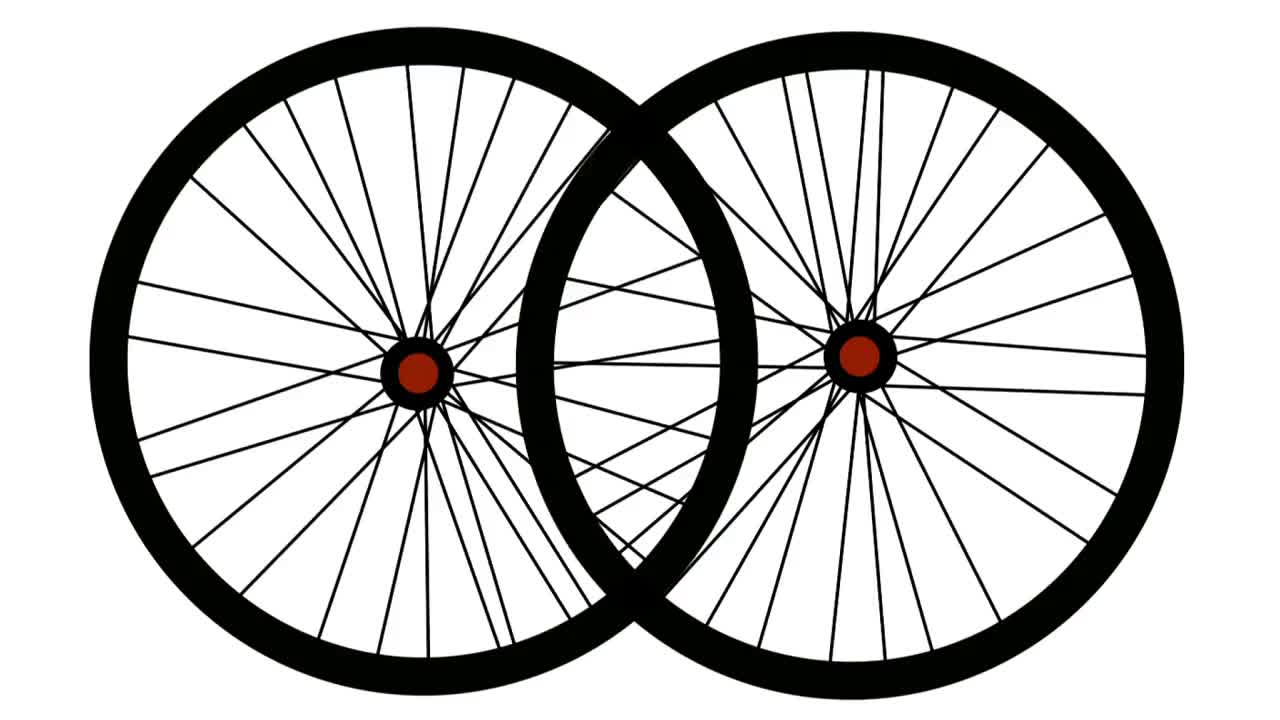 两个自行车轮子在白色的背景上孤立地旋转着。视频素材