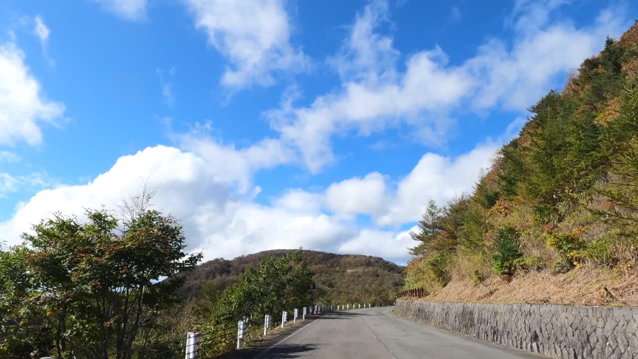 行驶在秋叶飘飘的山路上视频素材