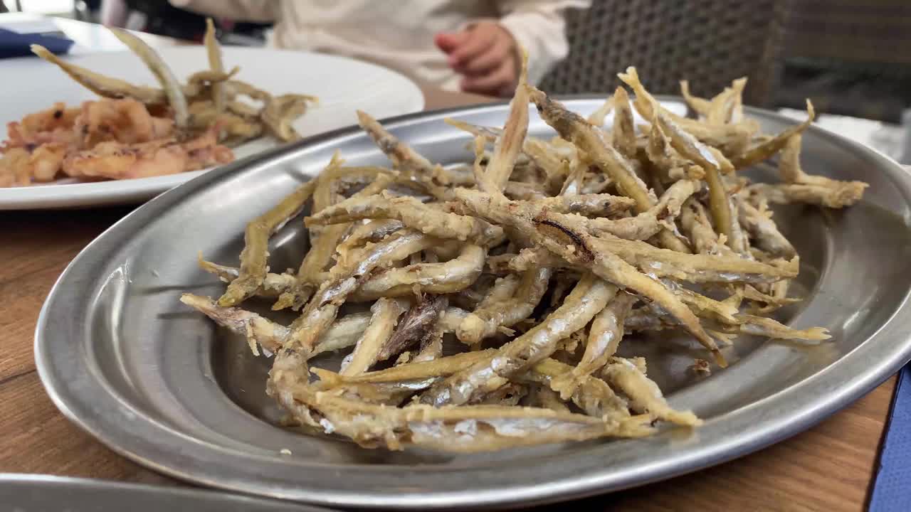 在西班牙餐厅和孩子们一起享用典型的西班牙炸鱼小食视频素材