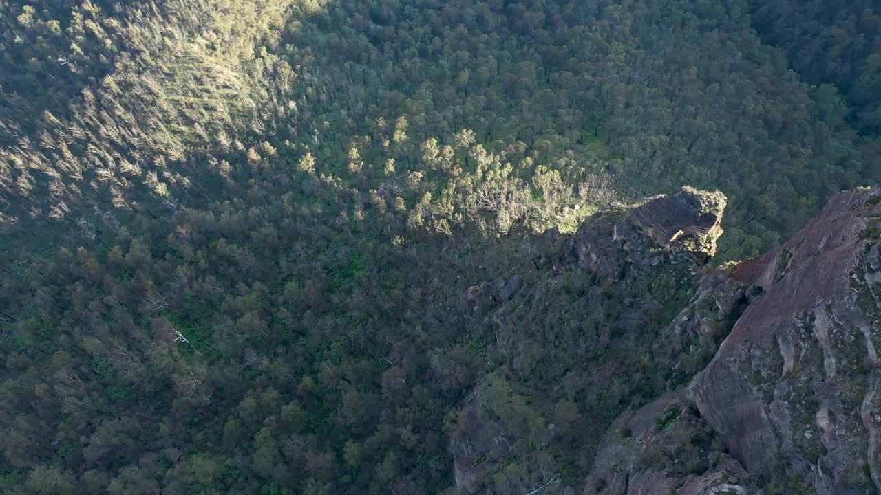 飞行周围的山崖岩石形成，森林山谷，澳大利亚视频素材