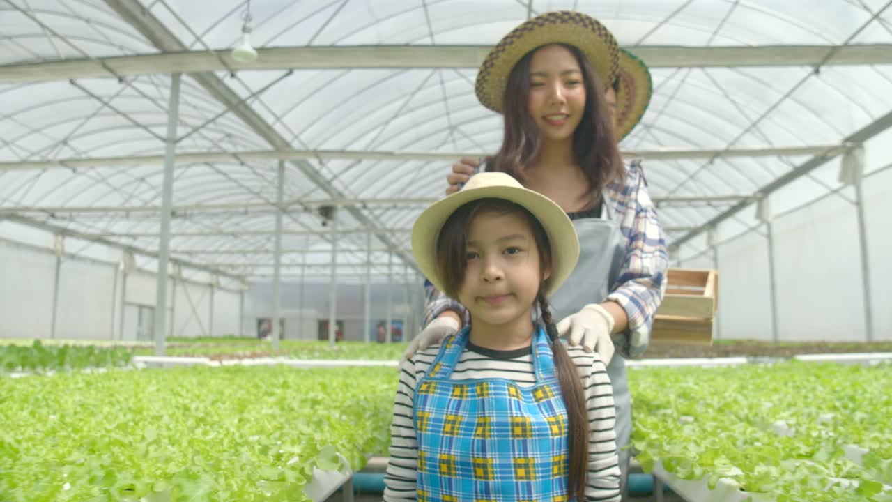 快乐的亚洲农民家庭在温室花园农场有机。爸爸妈妈女儿一起走，微笑着家族生意。背景有产品蔬菜在轨道上水培。视频素材