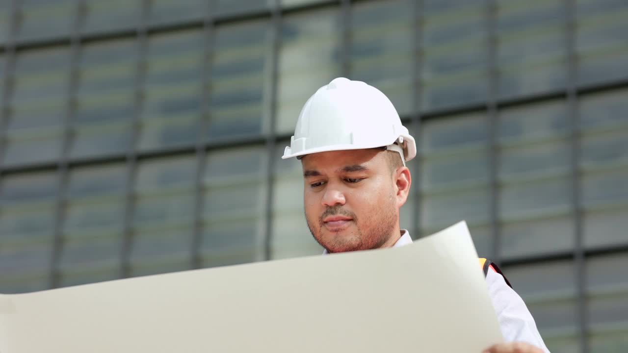 亚洲工程师帅哥或建筑师打开文件蓝图和规划建筑施工。戴着白色安全帽的亚洲工人在现代建筑工地工作。视频素材