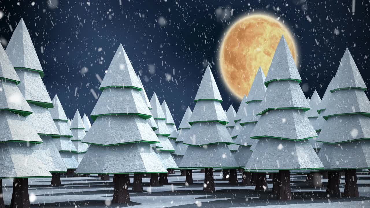 动画的雪落在冬天的夜晚景观杉树视频素材