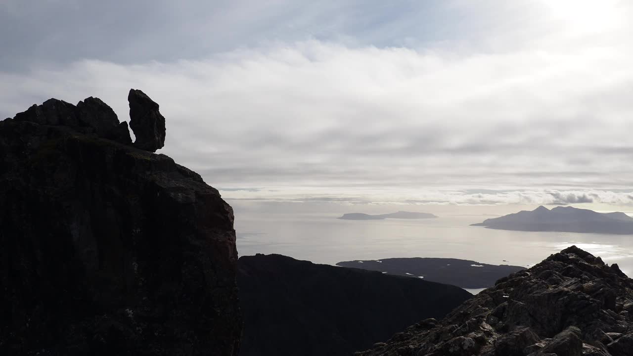 英国苏格兰斯凯岛库林山脊上的Sgurr Dearg俯瞰着朗姆岛。视频素材