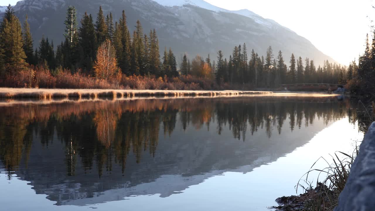 一个人停下来欣赏山溪对岸的风景视频素材