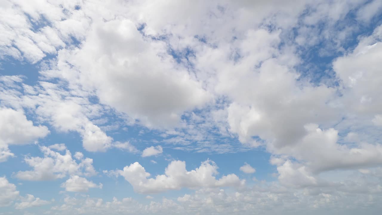 时间流逝，晴朗的蓝天和白色的蓬松的云在中午。一天的时间。抽象自然景观背景。视频素材